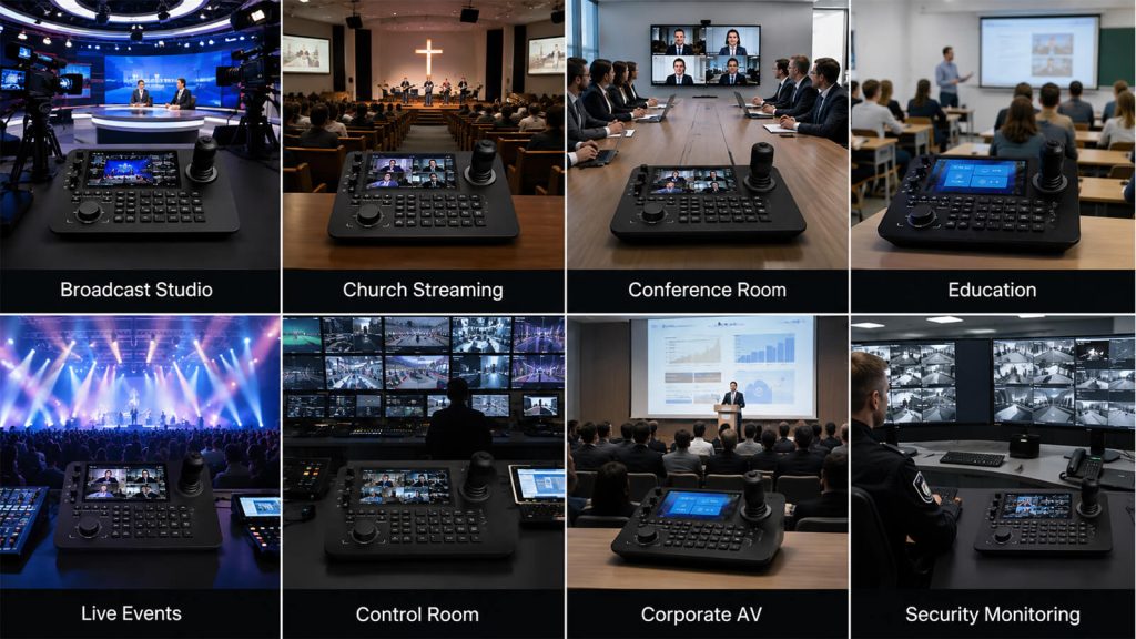 PTZ camera controller for broadcast studios, church streaming, conference rooms, education, live events and control rooms