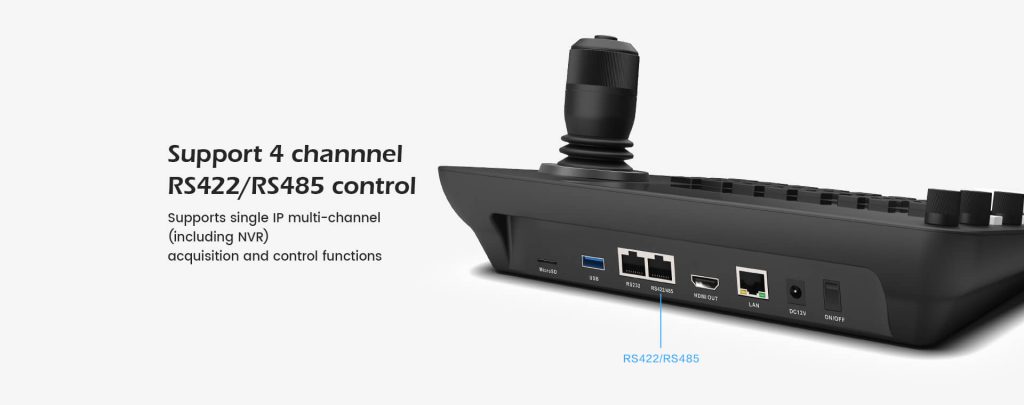 PTZ camera controller with RS422 RS485, RS232, LAN, HDMI, USB and MicroSD interfaces