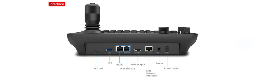 PTZ camera controller with MicroSD, USB, RS232, RS422/RS485, HDMI and LAN connections