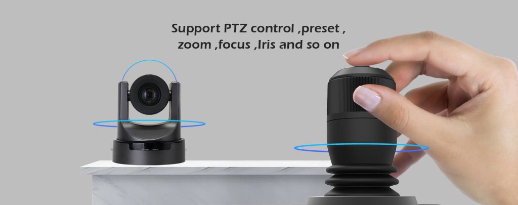PTZ joystick controller for pan, tilt, zoom, focus, iris and preset camera control